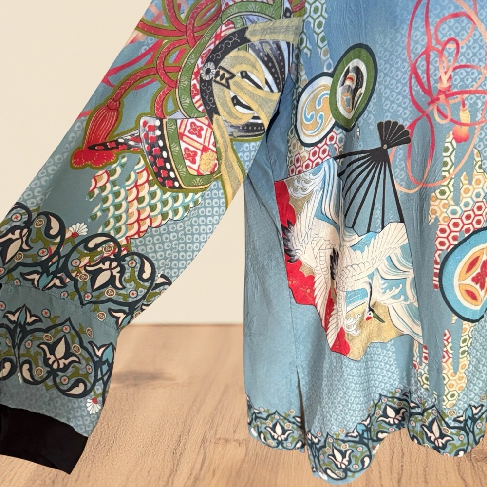 Citron Santa Monica 100% Silk Crane Print Blouse Top Sz L Denim Blue and Black - Picture 3 of 14